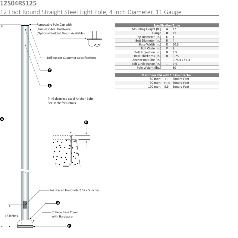 12 Foot Round Straight Steel Light Pole, 3 Inch Diameter, 11 Gauge Dimensional Drawing