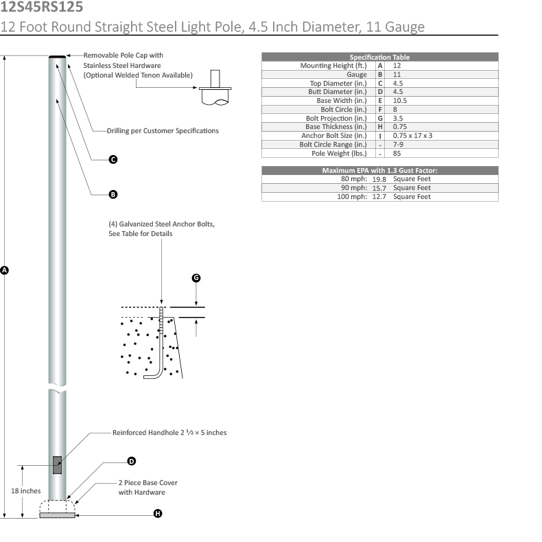 12 Foot Round Straight Steel Light Pole, 4.5 Inch Diameter, 11 Gauge Dimensional Drawing