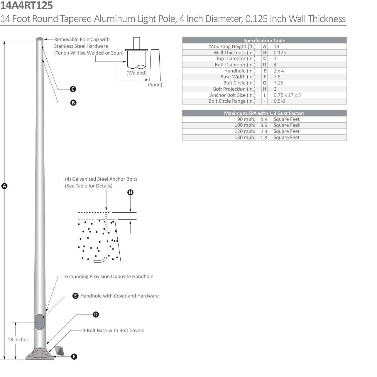 14 Foot Round Tapered Aluminum Light Pole Dimensional Drawing