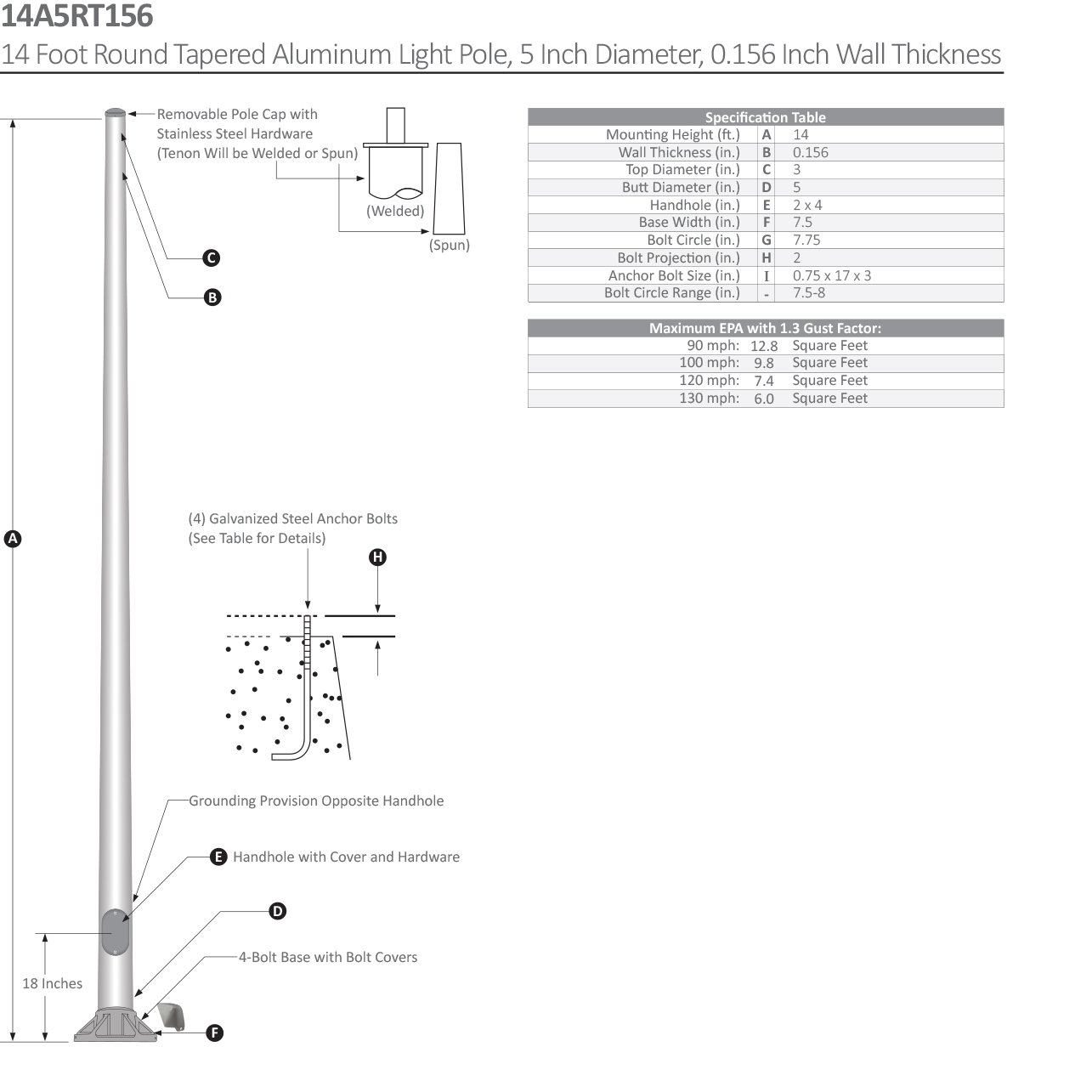 14 Foot Round Tapered Aluminum Light Pole Dimensional Drawing