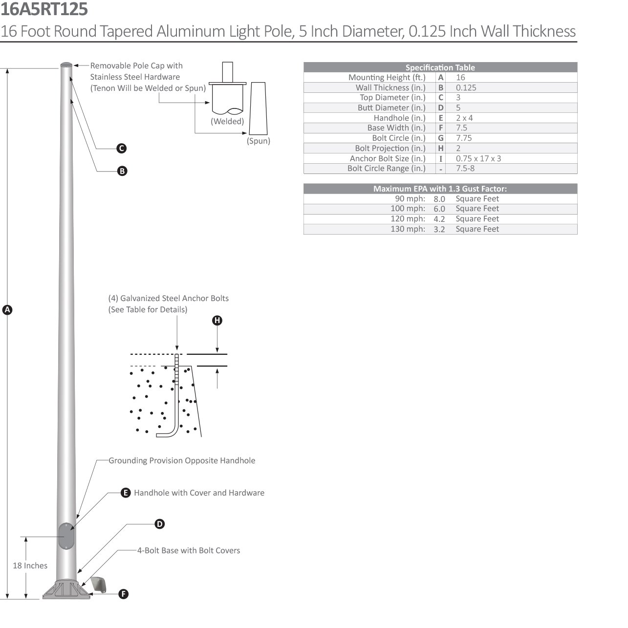 16 Foot Round Tapered Aluminum Light Pole Dimensional Drawing