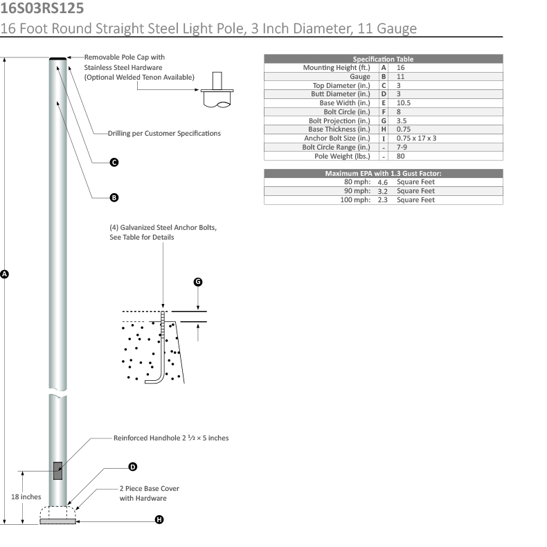 16 Foot Round Straight Steel Light Pole, 3 Inch Diameter, 11 Gauge Dimensional Drawing
