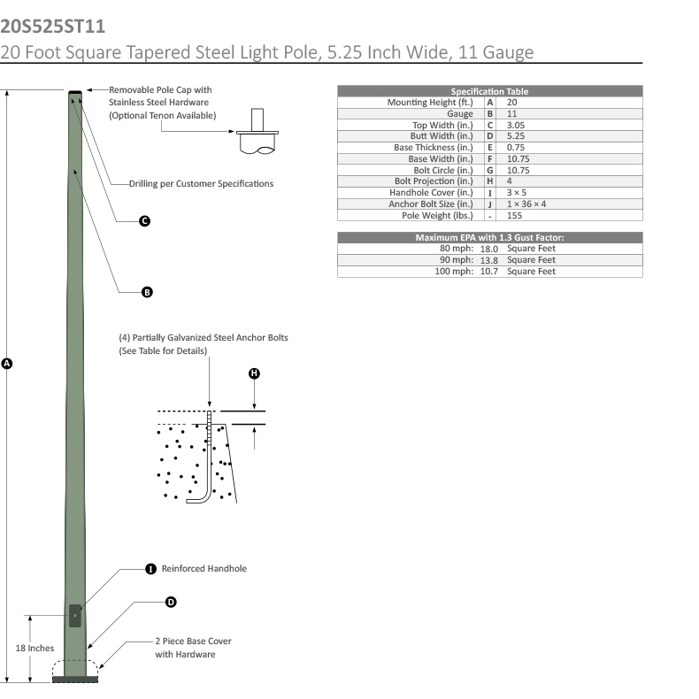 20 Foot Square Tapered Steel Light Pole, 20 Foot Square Dimensional Drawing