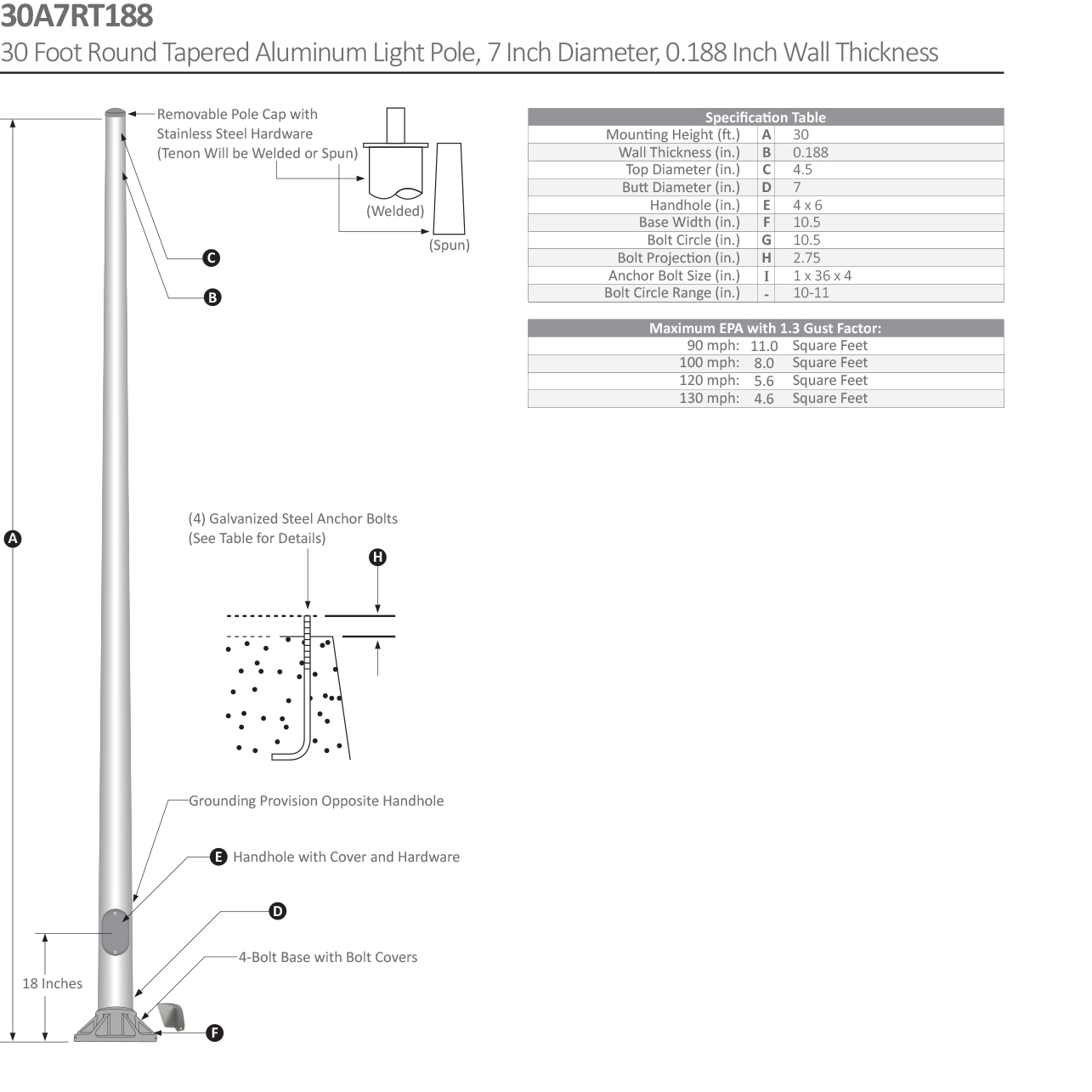 30 Foot Round Tapered Aluminum Light Pole Dimensional Drawing