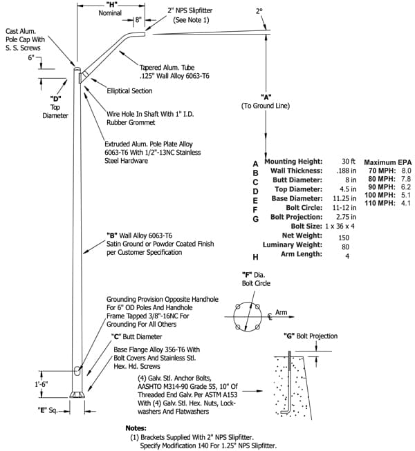 30 Foot Aluminum Street Light Pole with 4 Foot Mast Arm, 8 Inch Diameter, 0.188 Inch Wall Thickness. Item #: 30A8RT1881M4