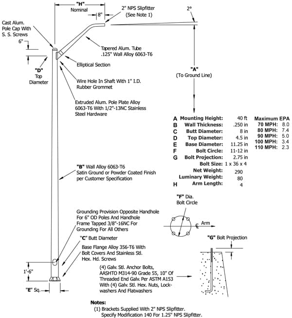 40 Foot Aluminum Street Light Pole with 4 Foot Mast Arm, 8 Inch Diameter, 0.250 Inch Wall Thickness. Item #: 40A8RT2501M4