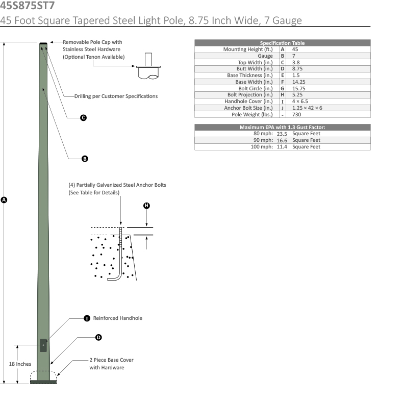 45 Foot Square Tapered Steel Light Pole, 45 Foot Square Dimensional Drawing