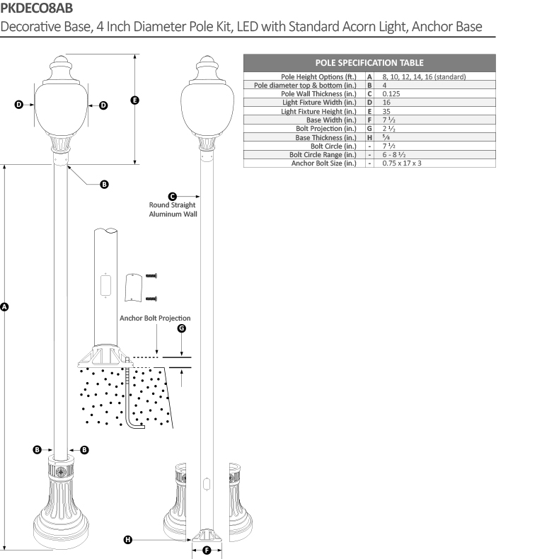 Decorative LED Pole Kit with Standard Acorn. Item #: PKDECO8AB