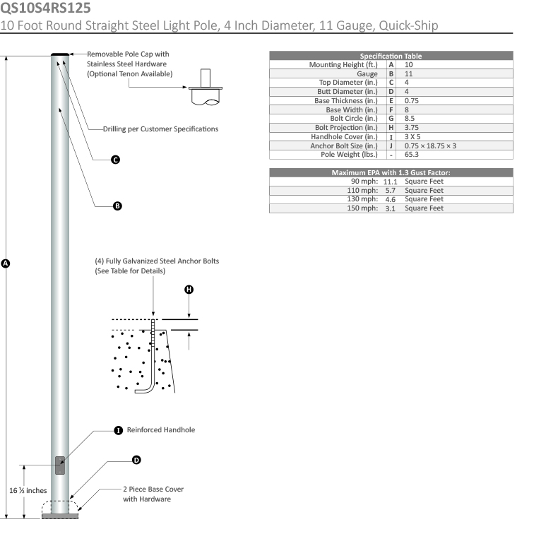 10 Foot Round Straight Steel Light Pole, 4 Inch Diameter, 11 Gauge, Quick-Ship (Light Poles) Dimensional Drawing