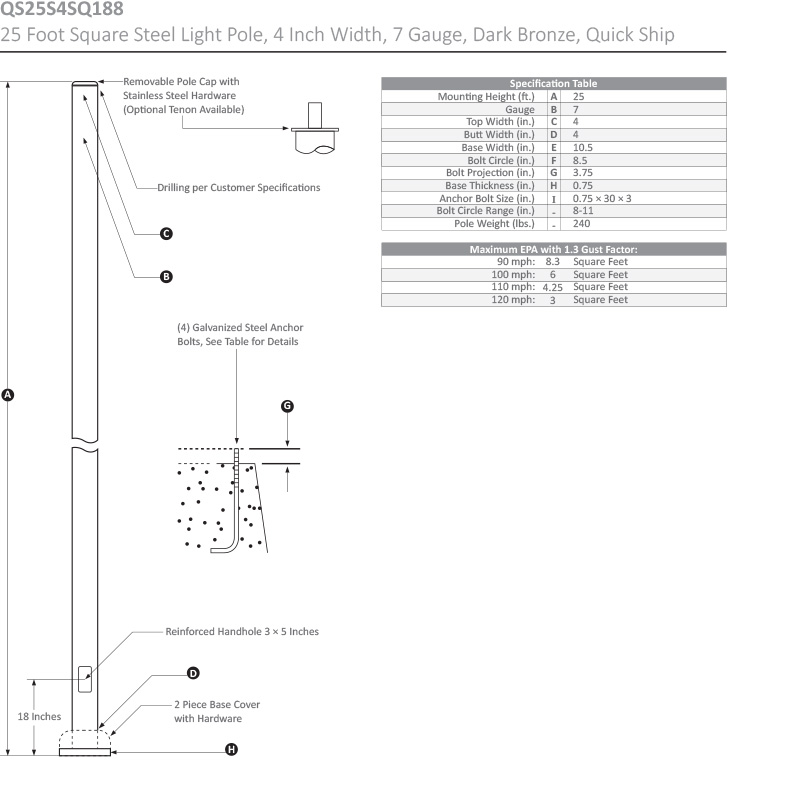 25 Foot Square Steel Light Pole, 4 Inch Width, 7 Gauge, Dark Bronze, Quick Ship. Item #: QS25S4SQ188