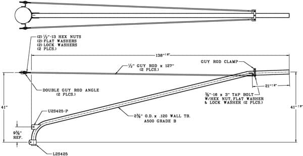 12 Foot Double Tie-Rod Wood Pole Bracket, 2 Inch Diameter Steel Pipe-WPB1059-Dimensional Drawing