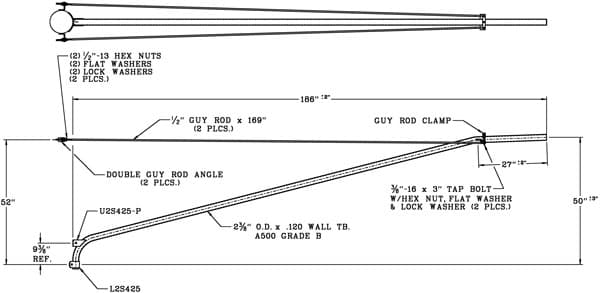 16 Foot Double Tie-Rod Wood Pole Bracket, 2 Inch Diameter Steel Pipe-WPB1061-Dimensional Drawing