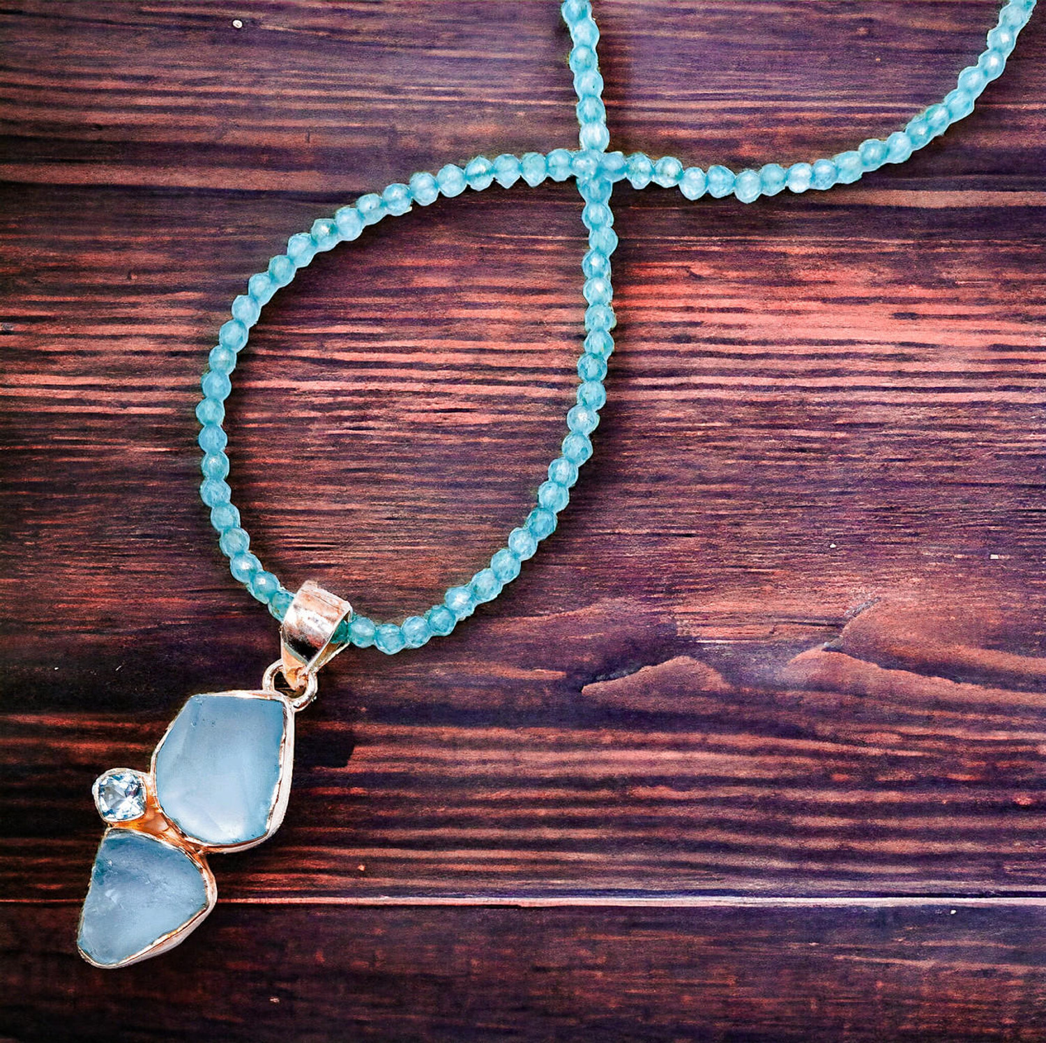 Light blue gemstone pendant necklace with white pearl strand 17 inch
