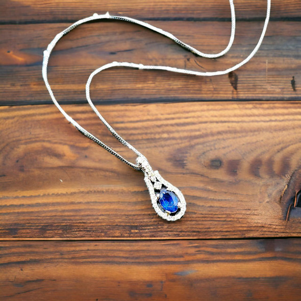  14K White Gold Oval Sapphire and Diamond Necklace 
