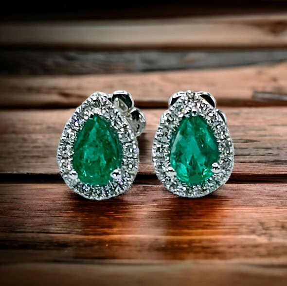  Diamond and Emerald Earrings in 14K White Gold 