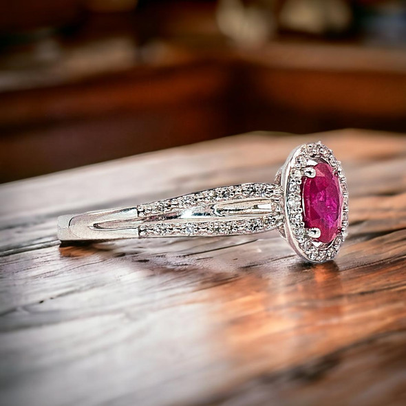  14K White Gold Diamond and Ruby Halo Ring 