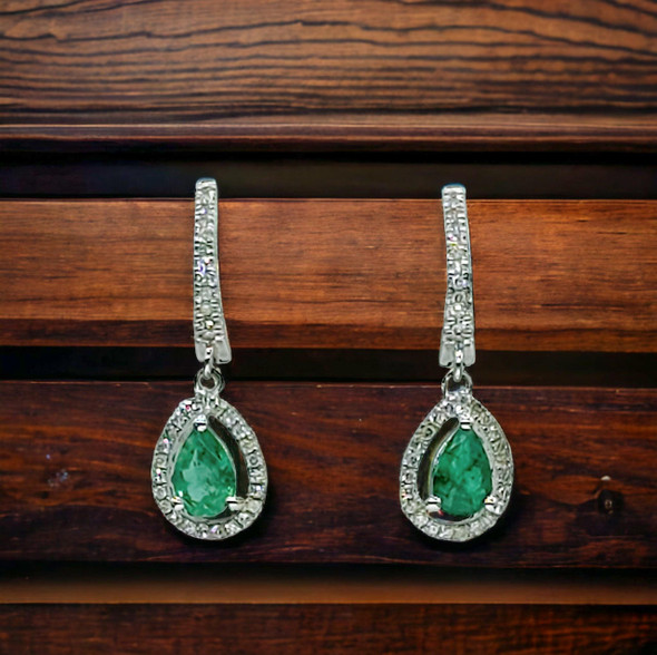 14K White Gold Pear Shaped Emerald and Diamond Dangle Earrings