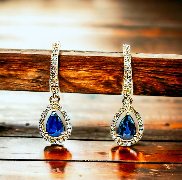 14K Blue Sapphire and Diamond Drop Earrings 