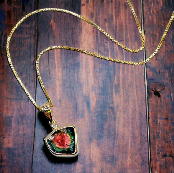  Bezeled Watermelon Tourmaline Slice and Diamond Necklace 