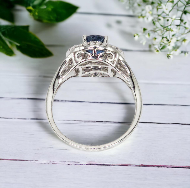  14K White Gold Sapphire and Diamond Double Halo Ring 