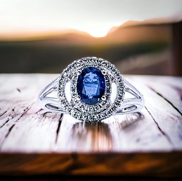 14K White Gold Sapphire and Diamond Double Halo Ring 