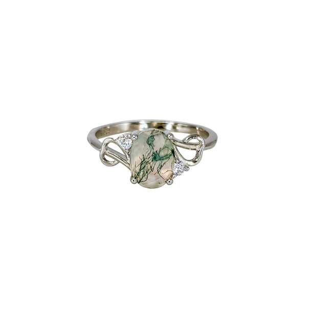  Moss Agate and Clear Quartz Sterling Ring 