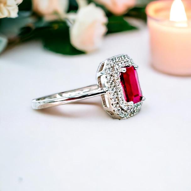  14K Gold Ruby and Diamond Ring, Double Diamond Halo 