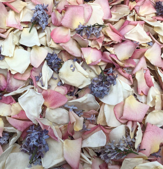 Unique Flower Petals & Blends: Spring Fling Blend from Flyboy Naturals Rose Petals.  Ivory & Pinky Peachy rose petals blended with Lavender to periwinkle lilac petals.  Freeze-dried, eco-friendly, bio-degradable, non-staining & not slippery. ALL NATURAL!