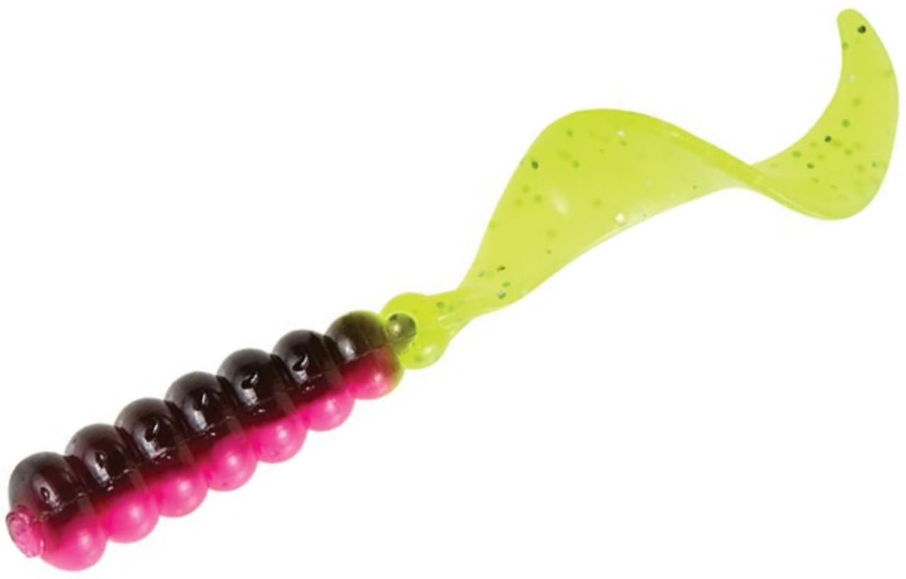 Mister Twister Tri-Alive 2 Hot Curly Tail Grub 10pk: Black Pink Chartreuse  Flake