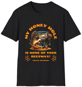 Vimage Outdoors Fishing T-Shirt: My Honey Hole is None of Your Beeswax with Jumping Bass in Honey Vimage Outdoors Fishing T-Shirt: My Honey Hole is None of Your Beeswax with Jumping Bass in Honey