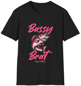 Vimage Outdoors Fishing T-Shirt: Bassy Brat with Jumping Bass in Hot Pink Text