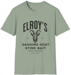 Vimage Outdoors Fishing T-Shirt: Elroy's Gagging Goat Stink Bait in Black Text