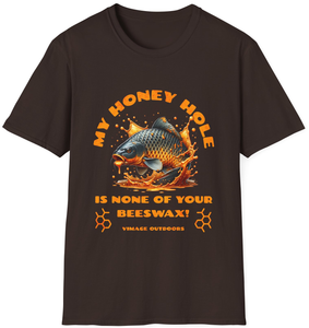Vimage Outdoors Fishing T-Shirt: My Honey Hole is None of Your Beeswax with Jumping Carp in Honey Vimage Outdoors Fishing T-Shirt: My Honey Hole is None of Your Beeswax with Jumping Carp in Honey