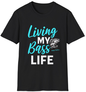 Vimage Outdoors Fishing T-Shirt: Living My Bass Life in Teal & White Text Vimage Outdoors Fishing T-Shirt: Living My Bass Life in Teal & White Text