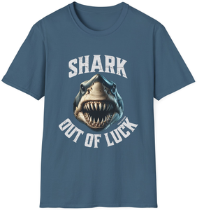 Vimage Outdoors Fishing T-Shirt: Shark Out of Luck in White Text Vimage Outdoors Fishing T-Shirt: Shark Out of Luck in White Text