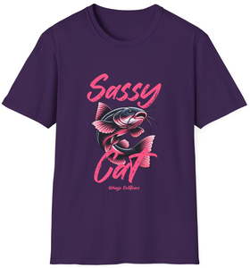 Vimage Outdoors T-Shirt: Sassy Cat with Jumping Catfish in Hot Pink Text Vimage Outdoors T-Shirt: Sassy Cat with Jumping Catfish in Hot Pink Text