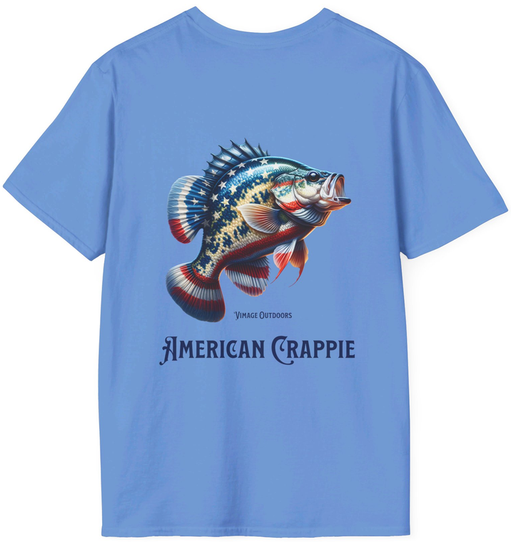 Vimage Outdoors Fishing T-Shirt: American Crappie with Blue Text on Light Colors