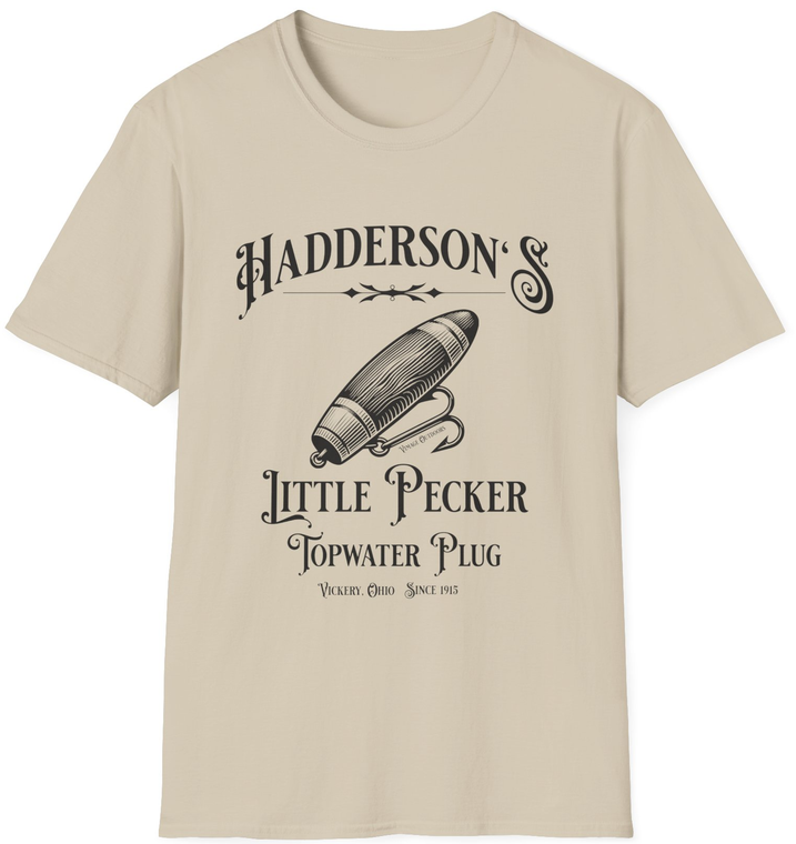 Vimage Outdoors Fishing T-Shirt: Hadderson's Little Pecker Top Water Plug in Black Text