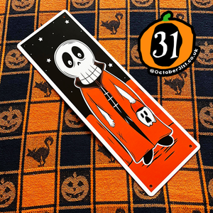 Skeleton Trick or Treater Tall Tin Sign Skeleton Trick or Treater Tall Tin Sign