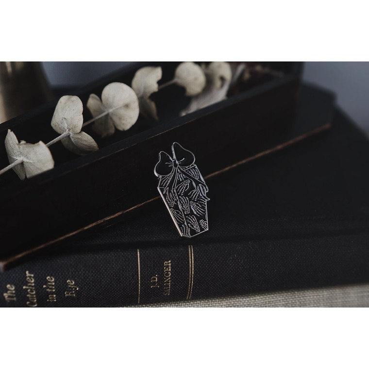 Skelly Hands Coffin Present Pin from Lively Ghosts