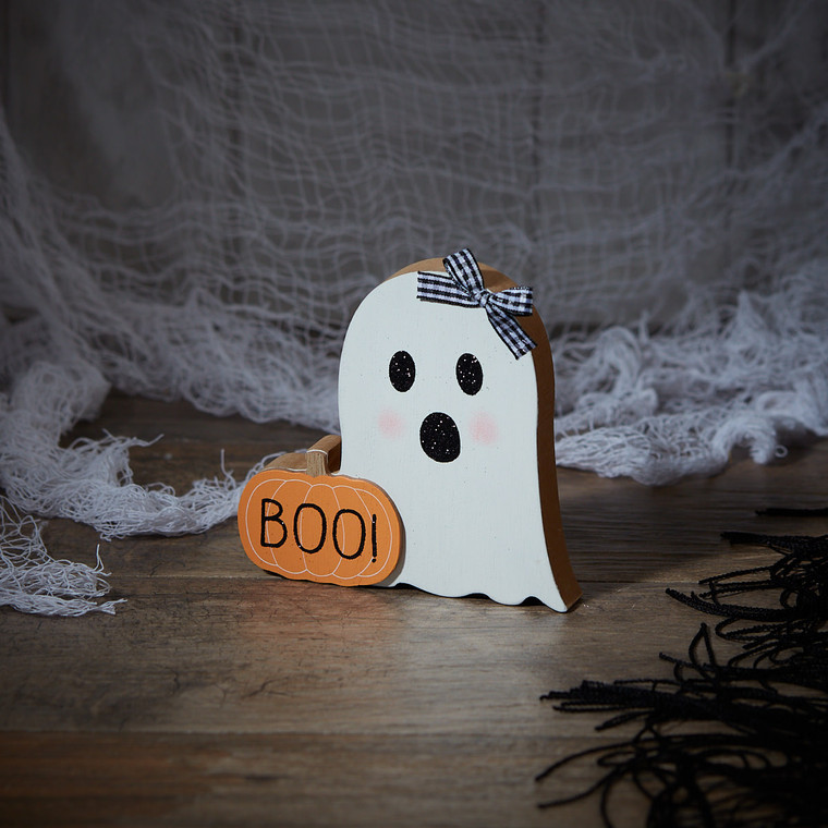 Wooden Boo Ghost With Pumpkin Block Decoration