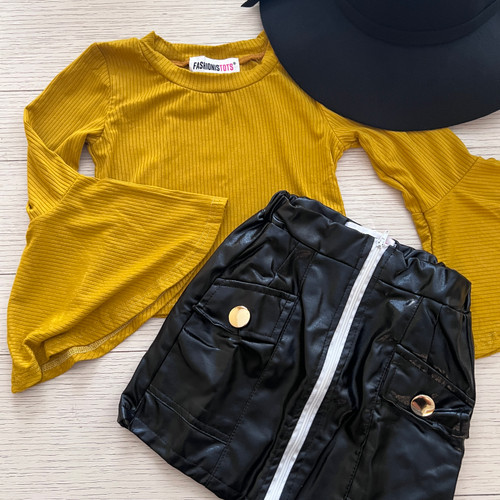 Yellow Ribbed Bell Sleeve Top