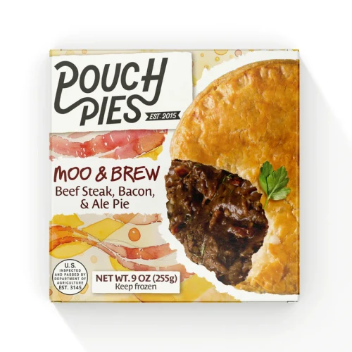 Pouch Pies - Steak, Bacon, & Ale Pies - 9oz x8
Black Angus Beef, and bacon all simmered together in a savoury gravy with Smithwick's Original Irish Ale.