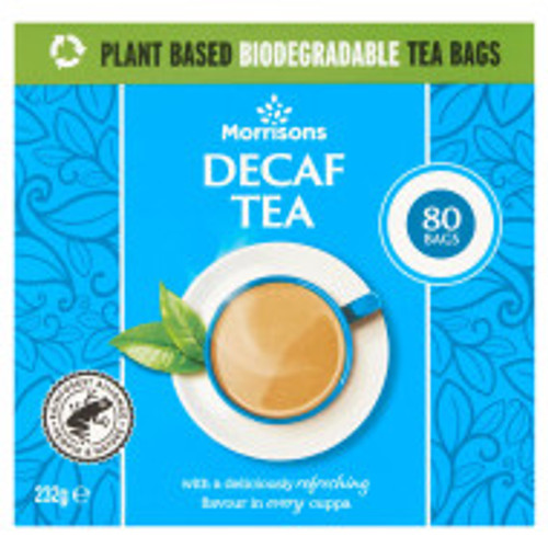 Morrison's Decaff Tea 80's - 232g 
Plant Based Biodegradable Tea Bags, With a deliciously refreshing flavour in every cuppa. Decaffeinated black tea Morrison's Decaff Tea 80's - 232g 
Plant Based Biodegradable Tea Bags, With a deliciously refreshing flavour in every cuppa. Decaffeinated black tea