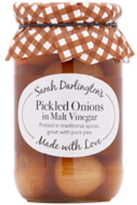 Mrs Darlingtons Pickled Onions in Malt Vinegar 450g 
Pickled onions in malt vinegar with a mixture of spices.
Perfect with salads, meats or right out of the jar.
ALLERGENS: Barley, Mustard Seeds