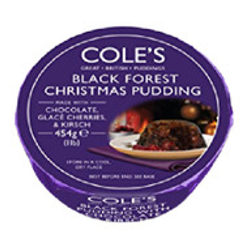 Coles Black Forest Pudding 454g 
A Black Forest Christmas pudding made with chocolate, glace cherries and kirsch.
ALLERGENS: Soya, Wheat, Almond
