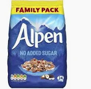 Alpen No Sugar Added Sack 950g 
Start your day the healthy way with no added sugar! Wheat, oats, raisins, and nuts. A great kick start to keep you fueled for the morning. 
ALLERGENS: Wheats, Oats, Milk, Nuts (Hazelnuts, Almonds)