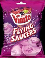 Nichols Vimto Flying Saucers 33g 
Retro sweets of small flying saucer shaped crispy wafers. These discs are filled with sherbet made with delicious Vimto flavour. 
ALLERGENS: Soya