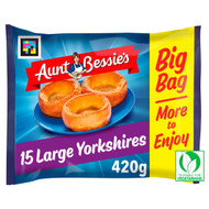 Aunt Bessies Proper Good LARGE Yorkshires 15pk - 420g 
15 pk proper large Yorkshires to be creative with. Fill them with Bangers & Mash, Mini Roast Dinner, Veggies - Potatoes & Chicken, On the Side...or whatever you fancy! 
ALLERGENS: Wheat, Egg, Milk