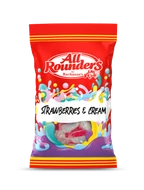 All Rounders Strawberries & Cream Bags - 150g 
Traditional hard-boiled sweets featuring a sweet strawberry note balanced with a soft creamy one.